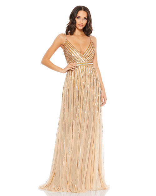 mac duggal, SEQUINED WRAP OVER SLEEVELESS GOWN, gold