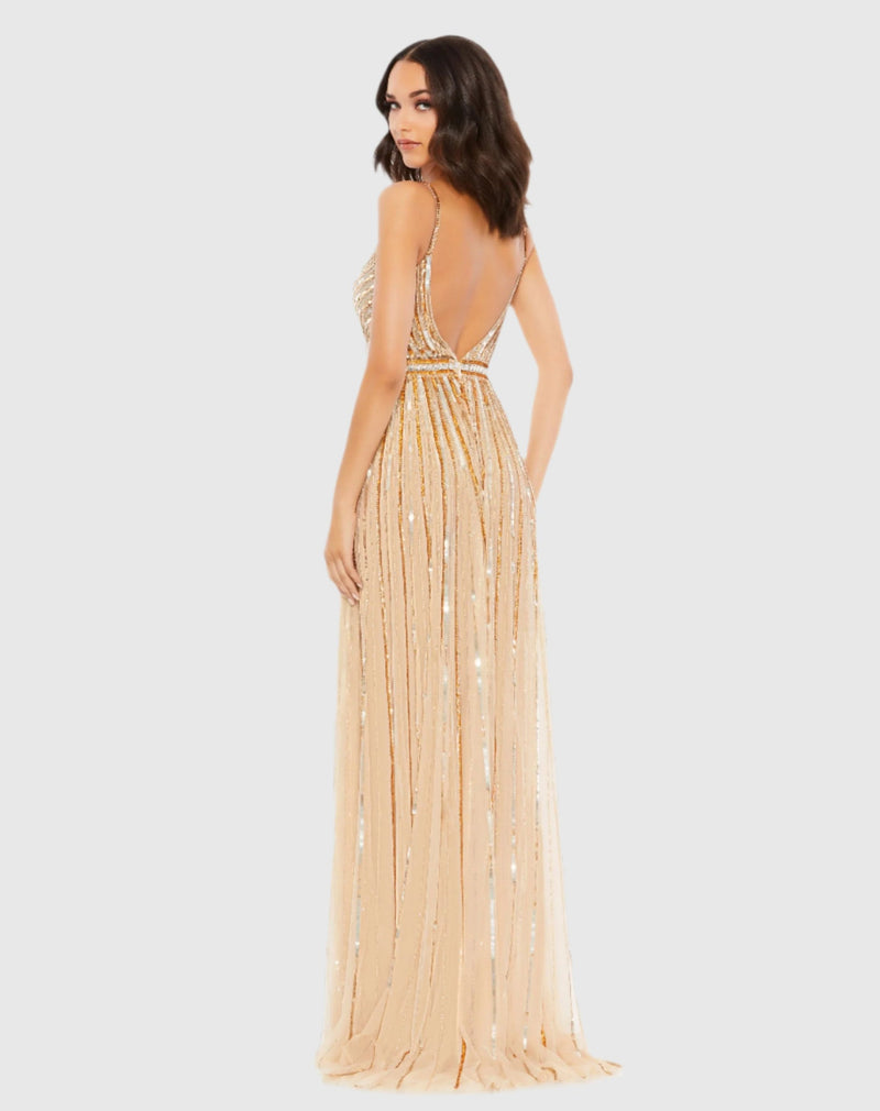 Sequin Plunge Gown - Nude Gold