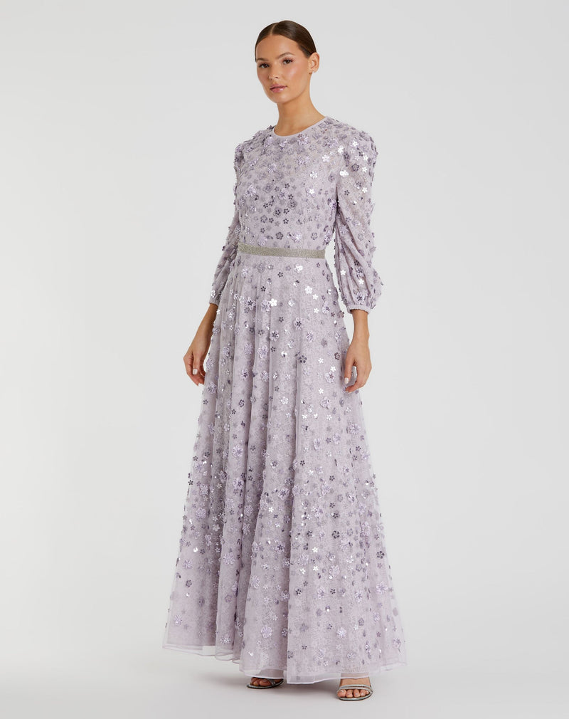 Floral Applique Puff Sleeve Modest Gown - Blush