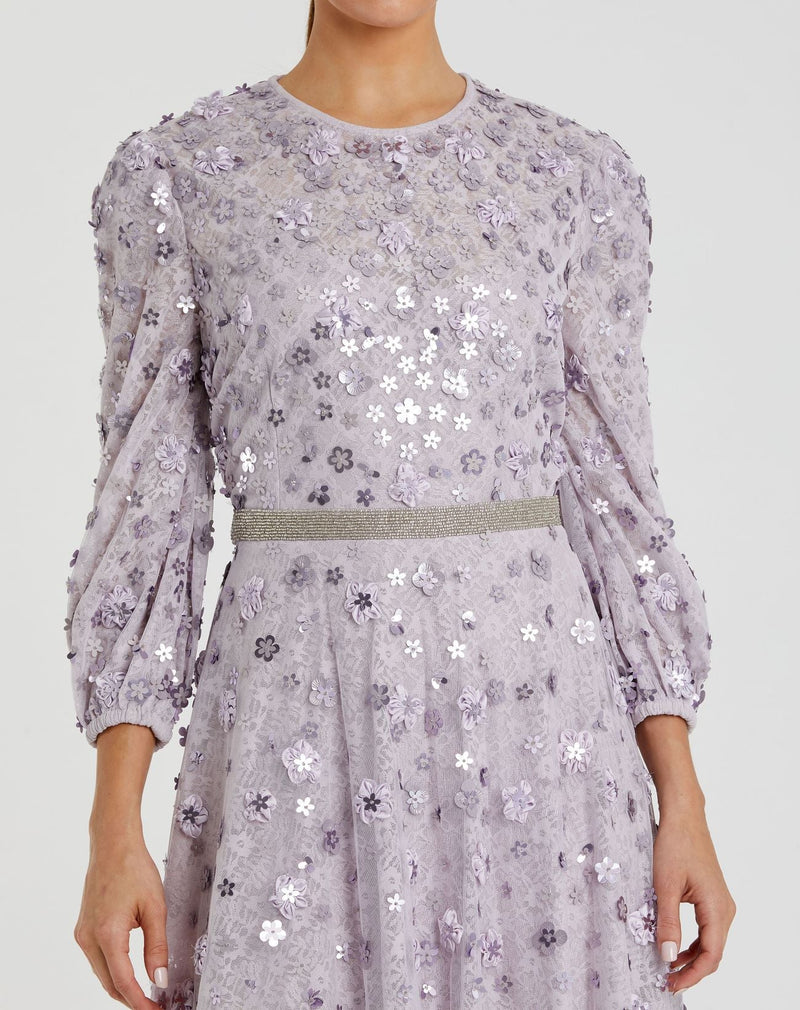 Floral Applique Puff Sleeve Modest Gown - Lavender