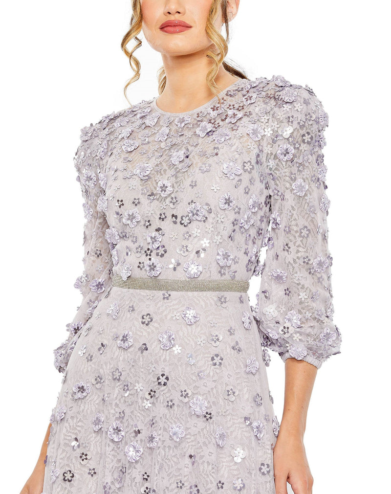 mac duggal, FLORAL APPLIQUE PUFF SLEEVE HIGH NECK A-LINE modest GOWN, Style #93805, platinum close up