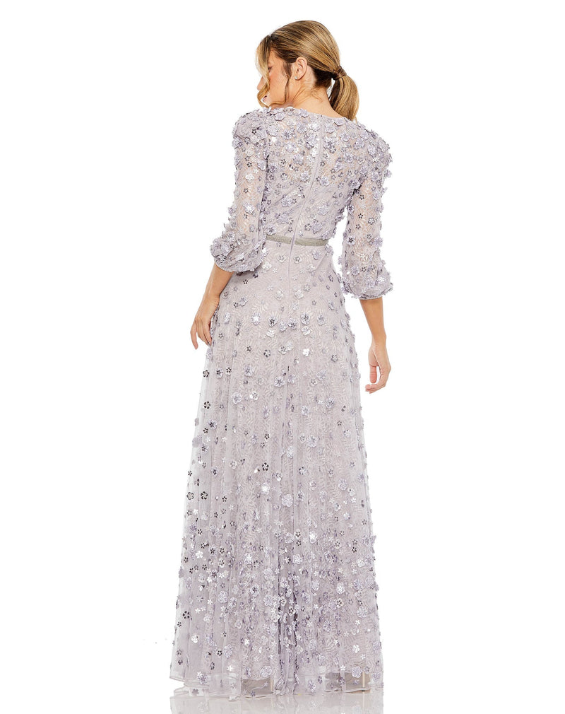 mac duggal, FLORAL APPLIQUE PUFF SLEEVE HIGH NECK A-LINE modest GOWN, Style #93805, platinum back view