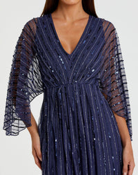 Beaded Striped Kimono Sleeve V Neck -  Navy