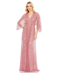 Mac Duggal #93841 Beaded Striped Kimono Sleeve V Neck -  Pink