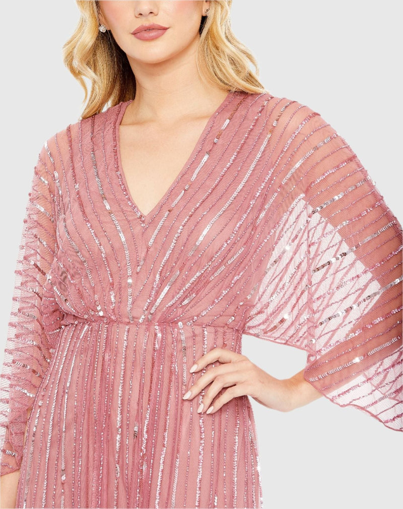 Beaded Striped Kimono Sleeve V Neck -  Rosewood