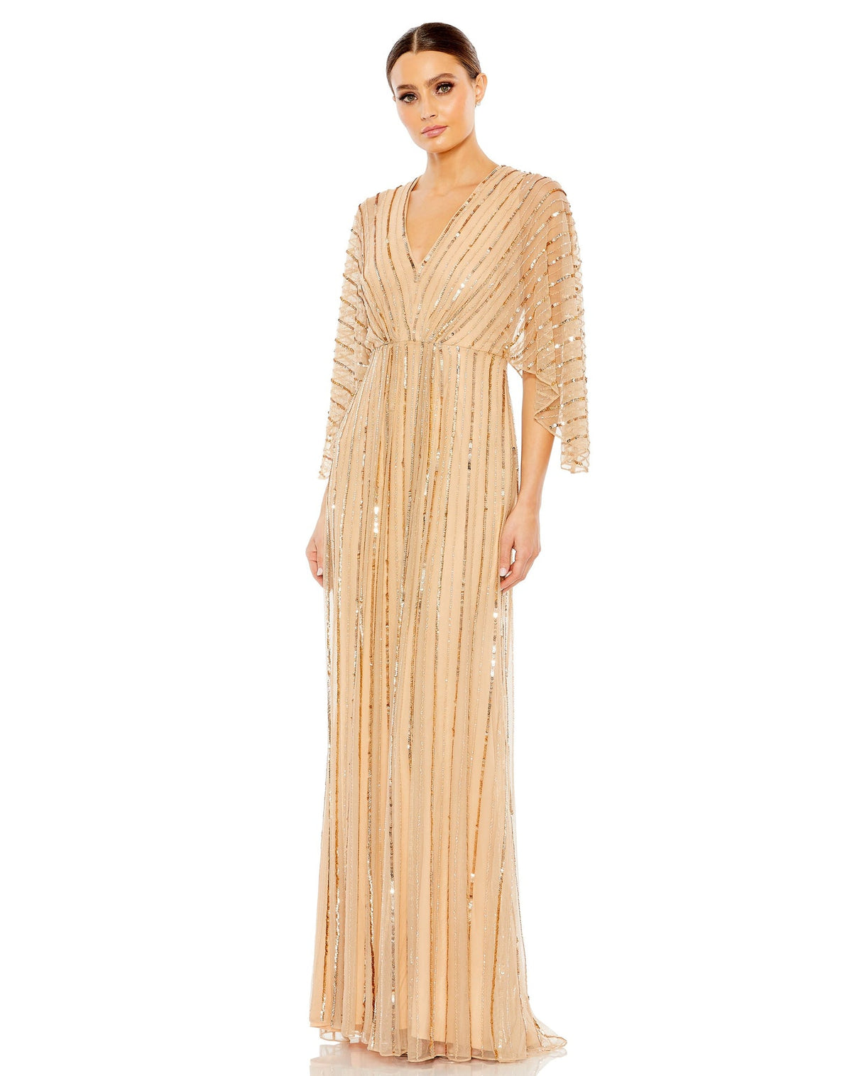 Mac Duggal #93841 Beaded Striped Kimono Sleeve V Neck -  Taupe