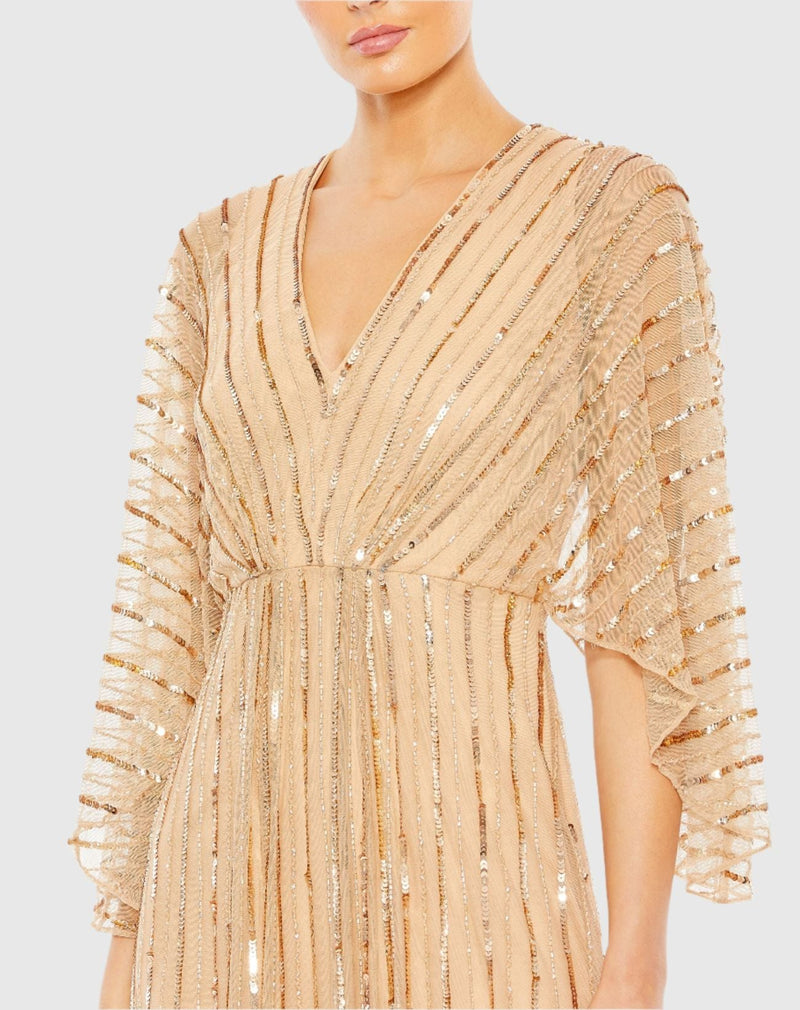 Beaded Striped Kimono Sleeve V Neck -  Taupe