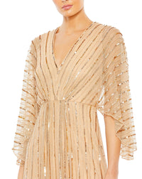 Beaded Striped Kimono Sleeve V Neck -  Taupe