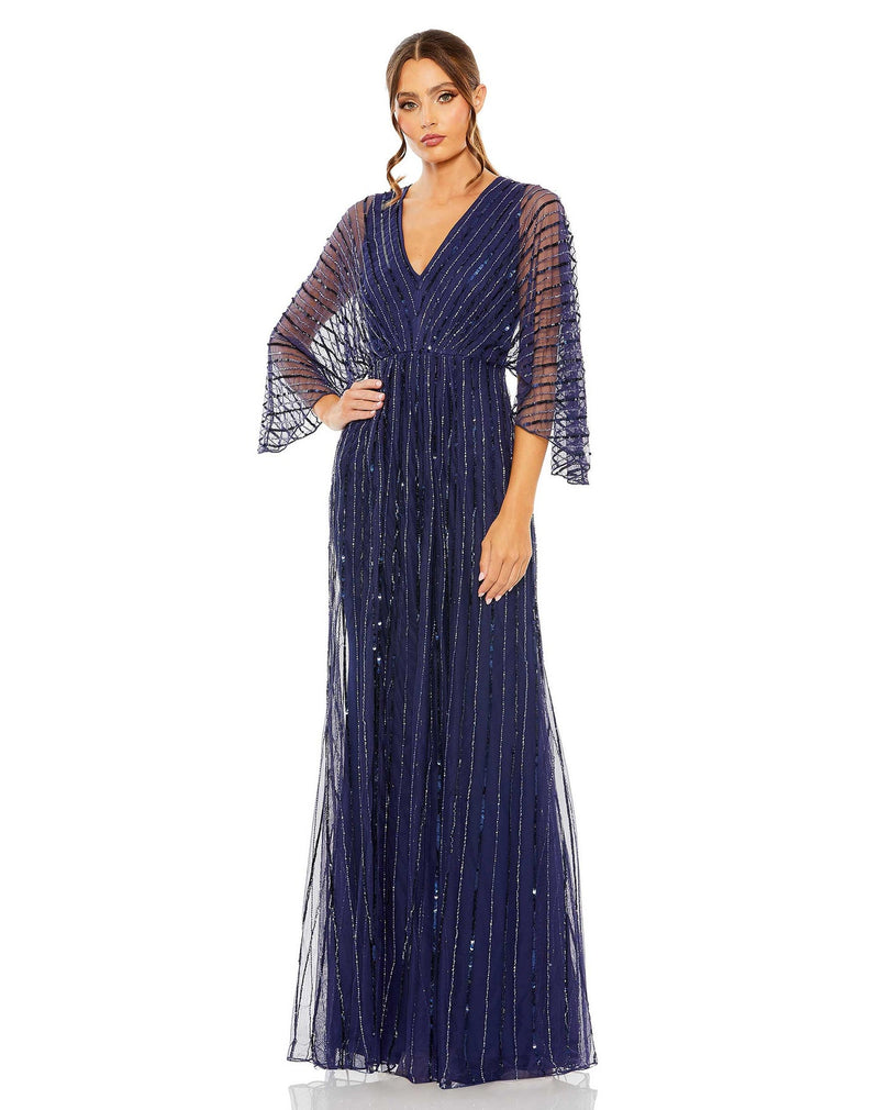 Mac Duggal #93841 Beaded Striped Kimono Sleeve V Neck -  Navy