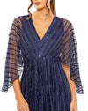 Beaded Striped Kimono Sleeve V Neck -  Navy