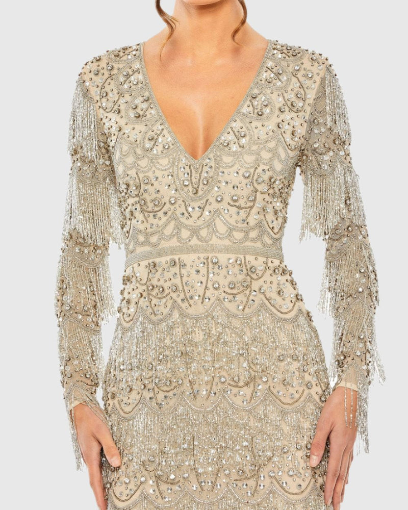 Fringe Embellished Dress - Nude Silver