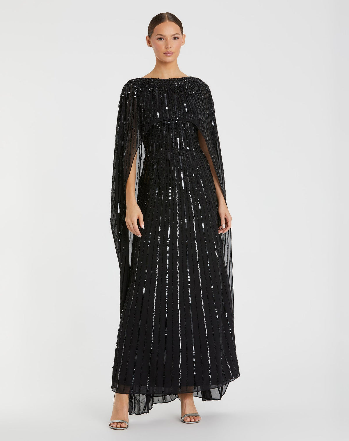 Black Embellished Beaded Column Cape Gown
