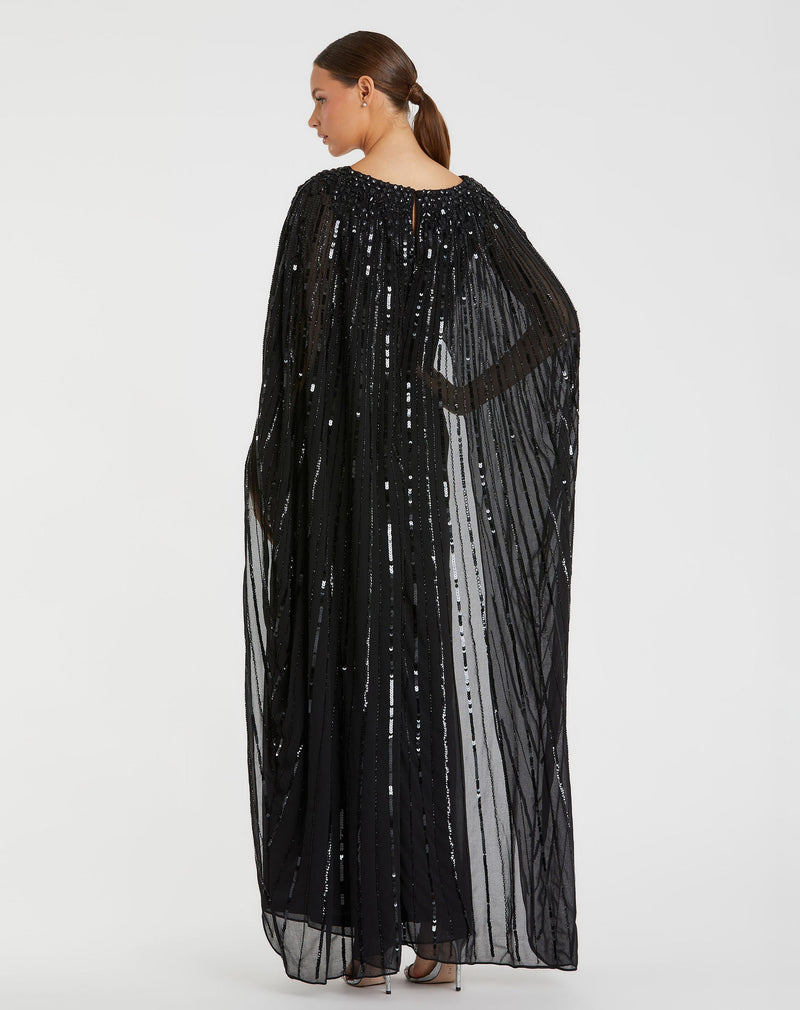 Embellished sequin column cape-effect evening gown - Black