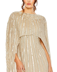 Embellished sequin column cape-effect evening gown - Champagne