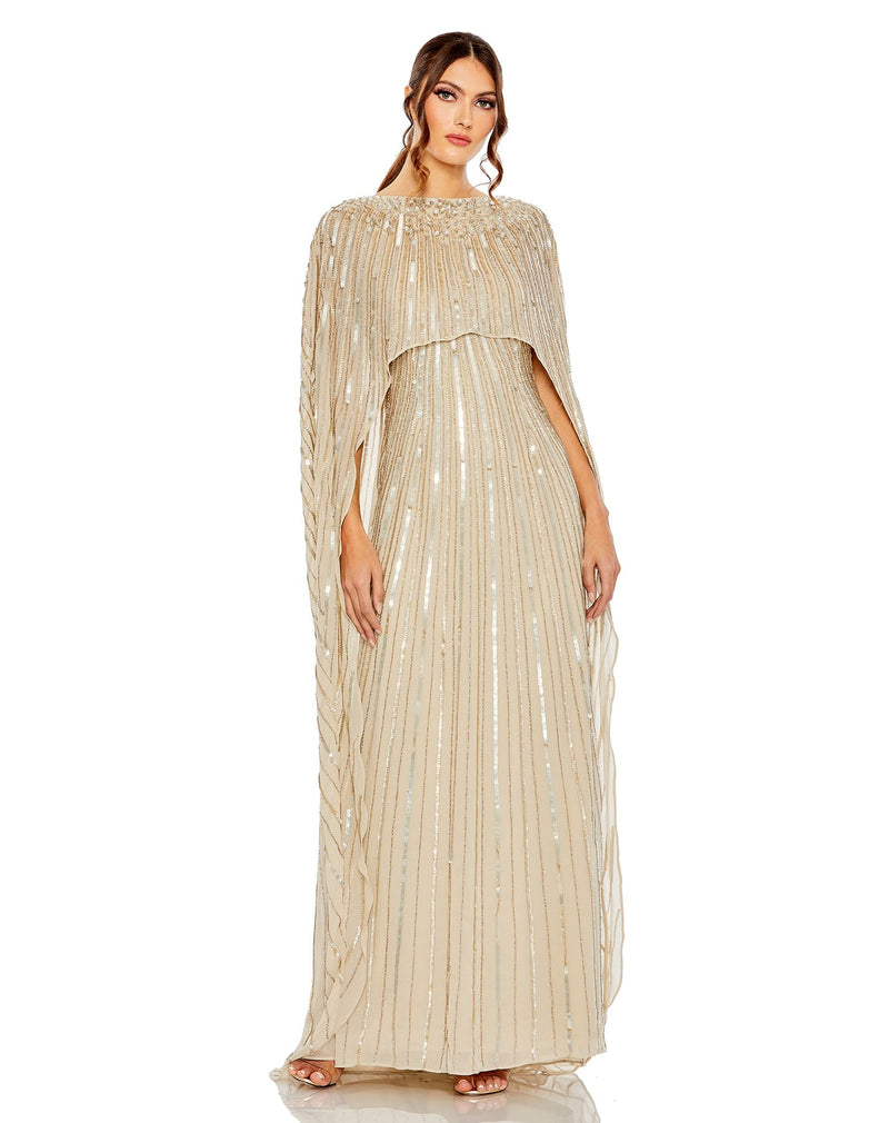 Embellished sequin column cape-effect evening gown - Champagne