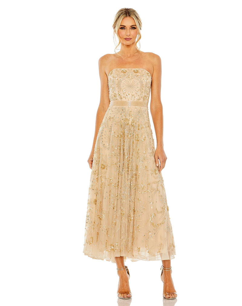 Strapless Embellished A Line Dress - Champagne