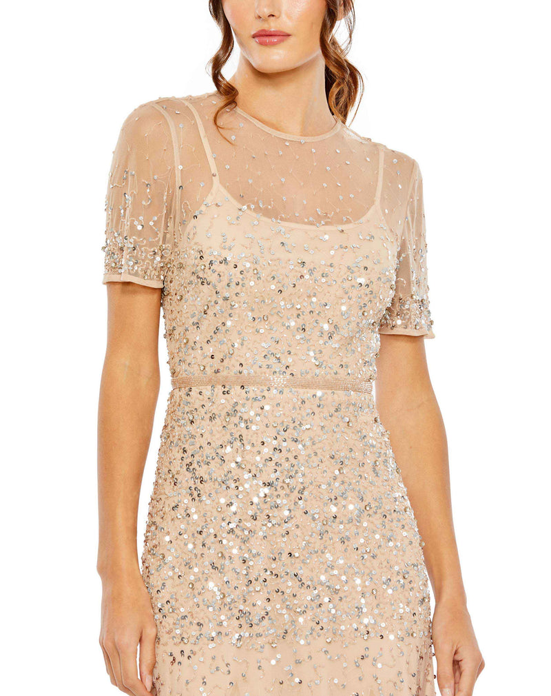 High Neck Short Sleeve Sequin Embellished Gown - Slate Blue