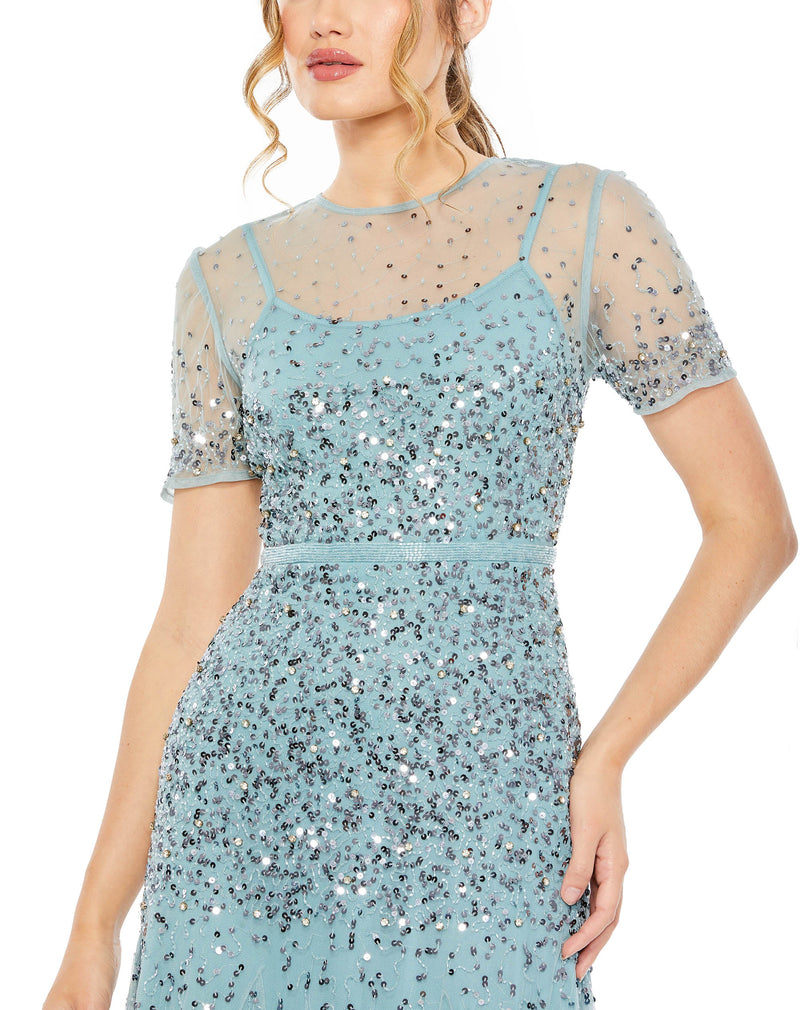 High Neck Short Sleeve Sequin Embellished Gown - Slate Blue