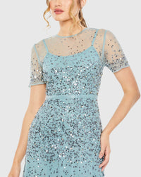 High Neck Short Sleeve Sequin Embellished Gown - Slate Blue