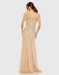 High Neck Short Sleeve Sequin Embellished Gown - Nude Silver