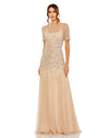 Mac Duggal #93909 High Neck Short Sleeve Sequin Embellished Gown - Nude Silver