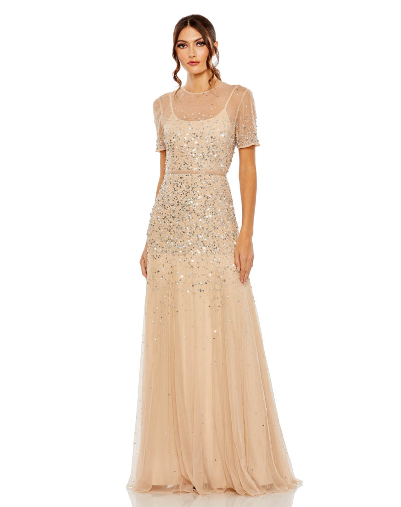 Mac Duggal #93909 High Neck Short Sleeve Sequin Embellished Gown - Nude Silver