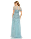 High Neck Short Sleeve Sequin Embellished Gown - Slate Blue