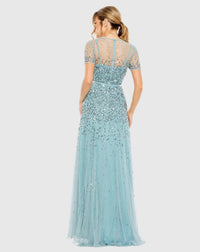 High Neck Short Sleeve Sequin Embellished Gown - Slate Blue