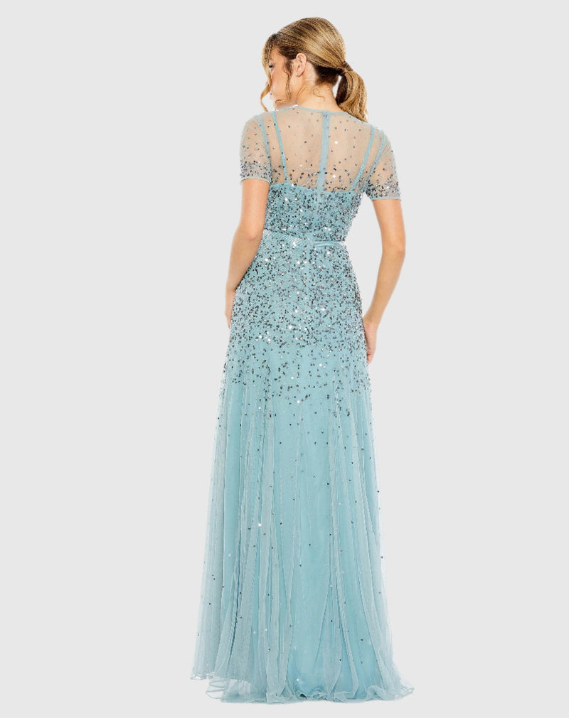 High Neck Short Sleeve Sequin Embellished Gown - Slate Blue