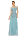 Mac Duggal #93909 High Neck Short Sleeve Sequin Embellished Gown - Slate Blue