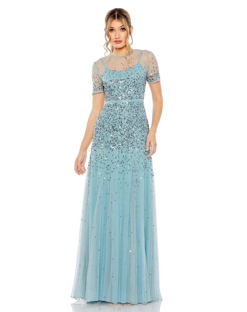 Mac Duggal #93909 High Neck Short Sleeve Sequin Embellished Gown - Slate Blue