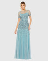 Mac Duggal #93909 High Neck Short Sleeve Sequin Embellished Gown - Slate Blue