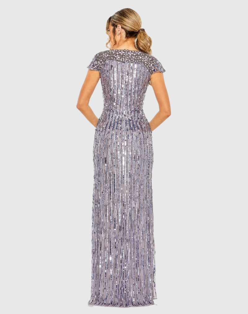 V Neck Cap Sleeve Hand Embellished Gown - Purple