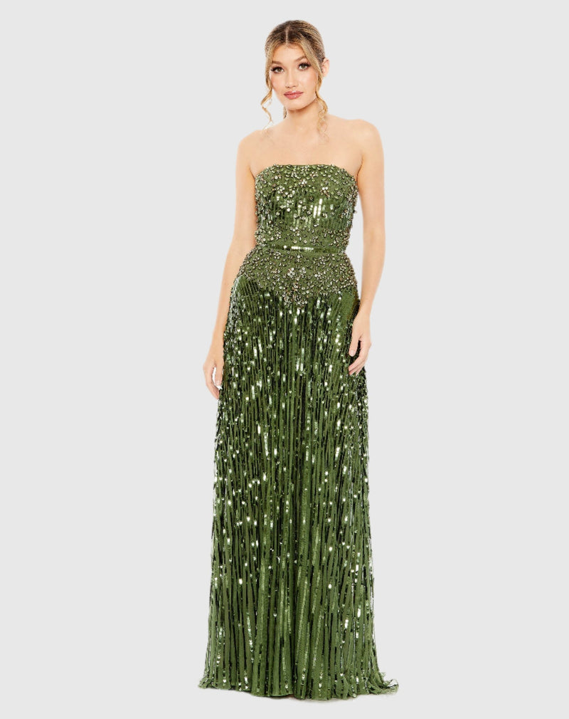 Strapless Hand Embellished Beaded Gown - Emerald