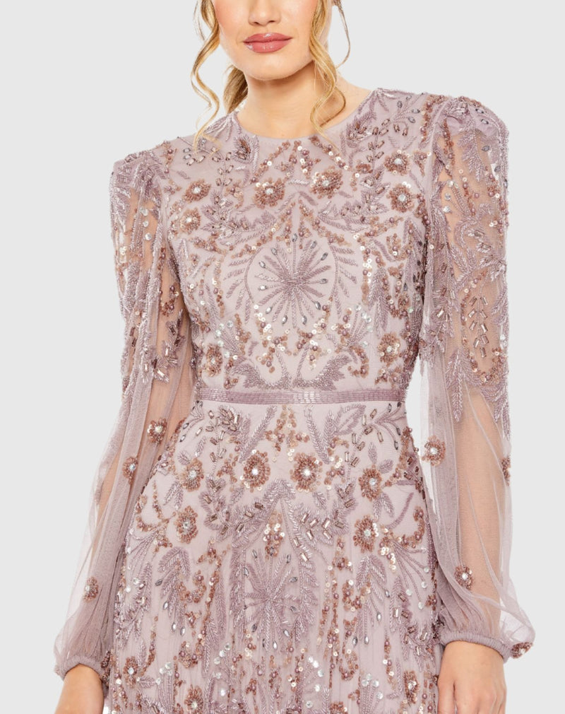 Puff Sleeve Embellished A Line Gown - Purple