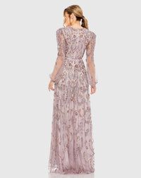 Puff Sleeve Embellished A Line Gown - Purple