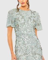 Flutter sleeve high sequin high neck dress - Blue