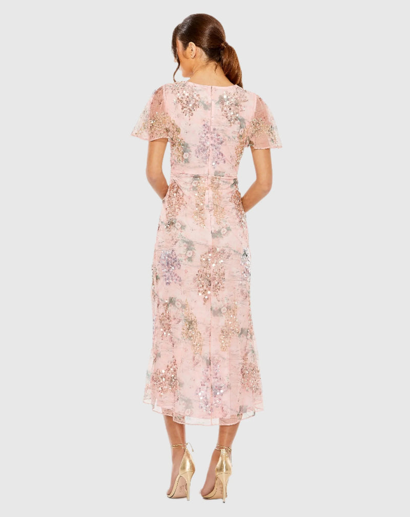 Printed Mesh Flutter Sleeve Faux Wrap Midi Dress - Rose