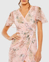 Printed Mesh Flutter Sleeve Faux Wrap Midi Dress - Rose