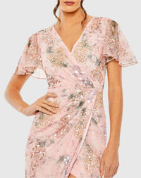 Printed Mesh Flutter Sleeve Faux Wrap Midi Dress - Rose