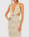 Open back cut out fringe embellished gown - Nude