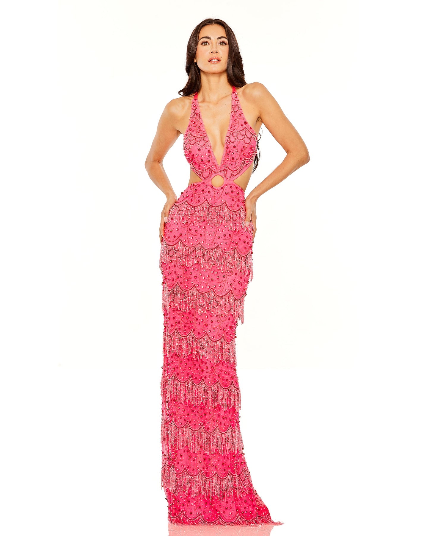 Open back cut out fringe embellished gown Hot pink