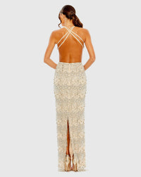 Open back cut out fringe embellished gown - Nude