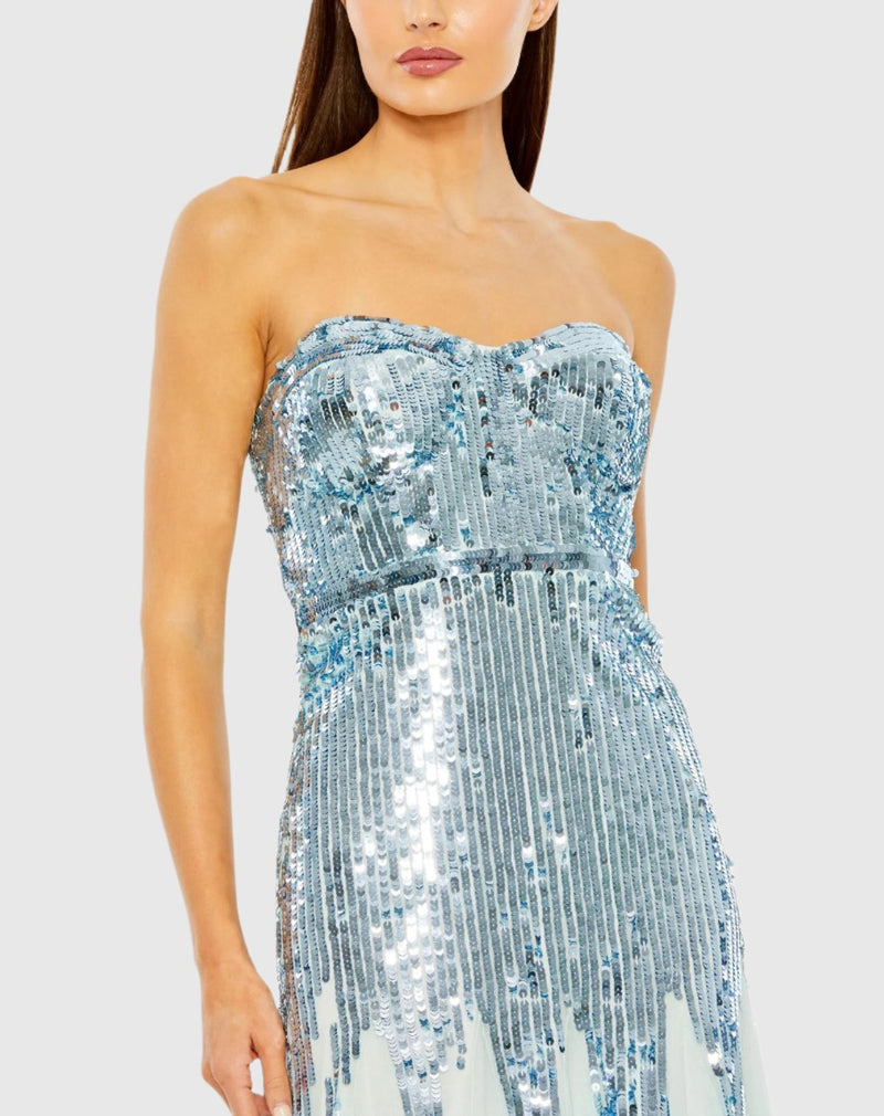 Strapless Sequin Mesh Gown - Ice Blue