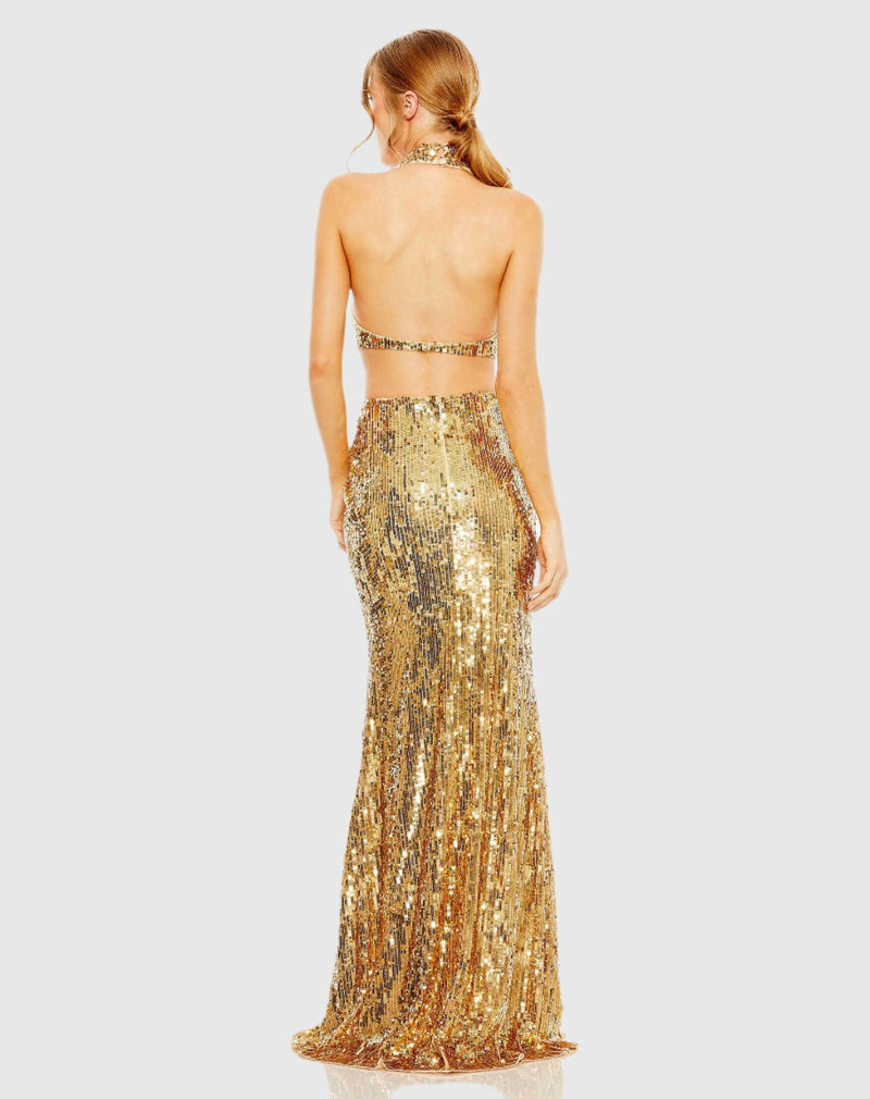 Open back high neck sequin gown - Gold