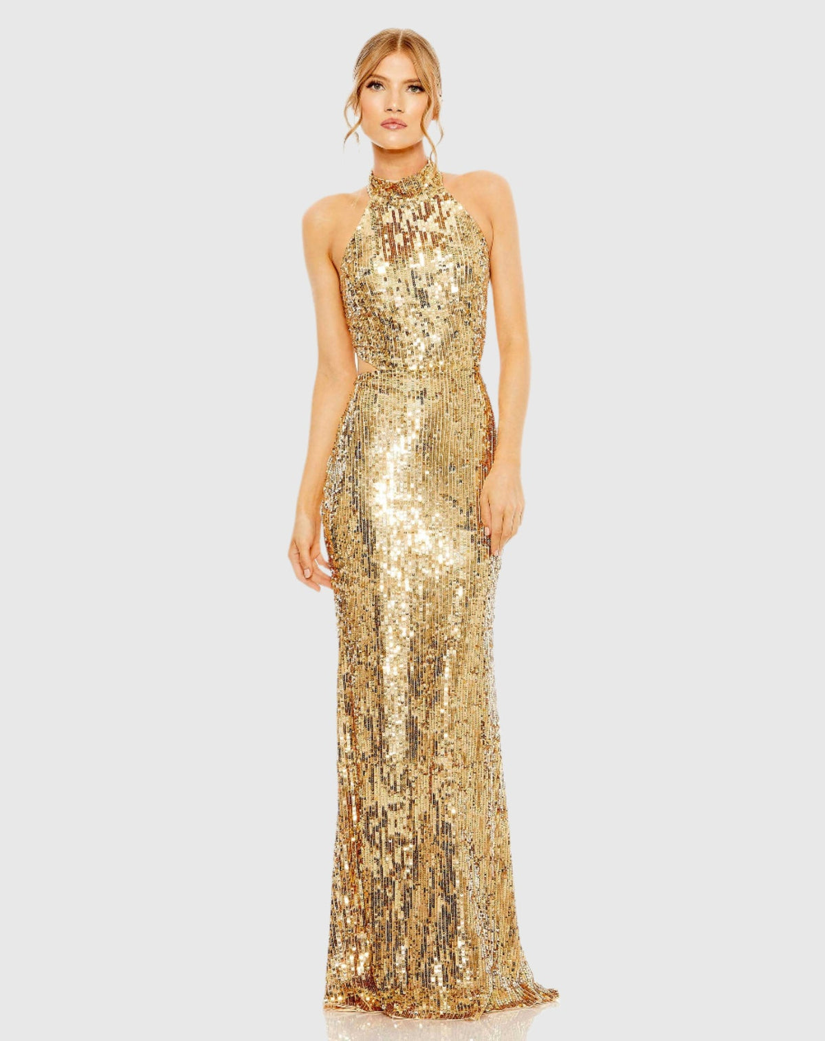 Mac Duggal, Gold Open Back High Neck Sequin Gown #93976