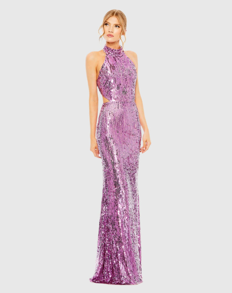 Mac Duggal, Purple Open Back High Neck Sequin Gown Purple #93976