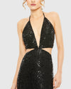 Cut-out halterneck tie-back sequin gown - Black