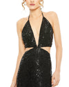 CUT OUT HALTER TIE BACK SEQUIN GOWN Black Style #93977 close up