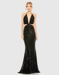 Mac Duggal, Cut-out halterneck tie-back sequin gown, Black  #93977